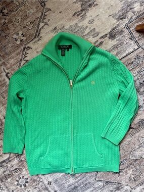 Lauren Ralph Lauren Cable knit green zip up cardigan size M cotton 3/4 sleeves